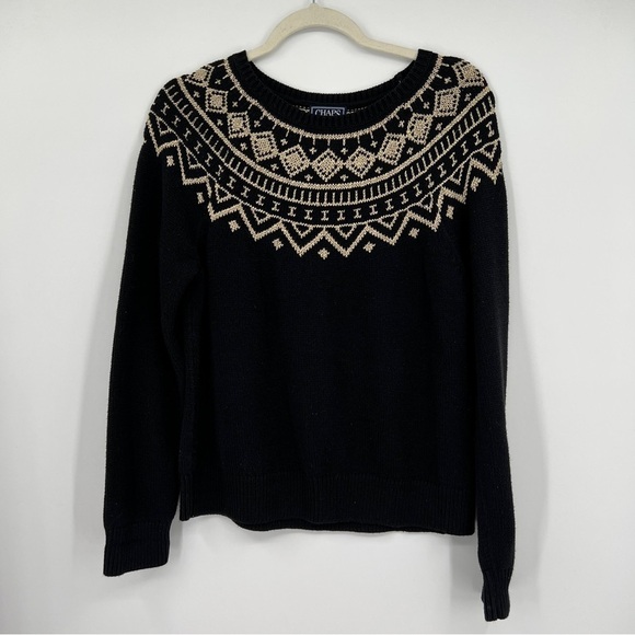 Chaps Classic Petite Lurex Geometric Print Long Sleeve Black Cream Sweater - Picture 7 of 10